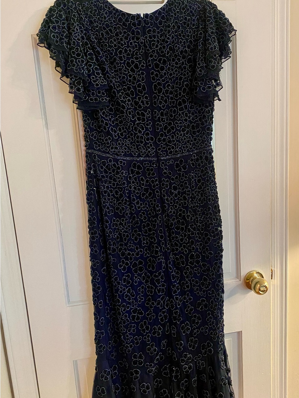 Mac Duggal Navy Floral Beaded Ruffle Sleeve Evening Dress - Picture 6 of 7